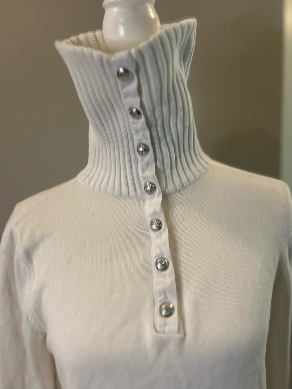 Ralph Lauren White Cotton Convertible snap turtleneck sweater Women’s Large - Picture 10 of 14